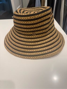 Eric Javits Woven striped Straw Bucket Hat with Black/tan Stripe Detail